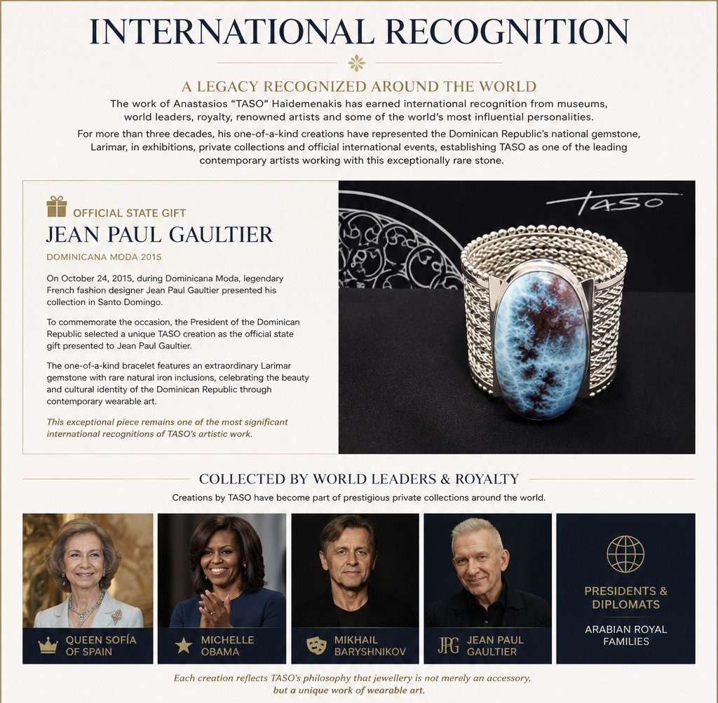 A page describing an international recognition for a jewelry piece, featuring a bracelet with a large, oval, blue and black gemstone. The page includes a description of the award, an image of the jewelry, and photos of world leaders and royalty, including Queen Sofia of Spain, Michelle Obama, Mikhail Baryshnikov, Jean Paul Gaultier, and a symbol for Arabian royal families.