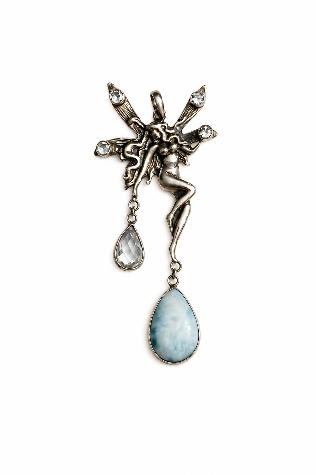 Original TASO jewelry design featuring a sculptural silver figure with gemstone and teardrop-shaped details.