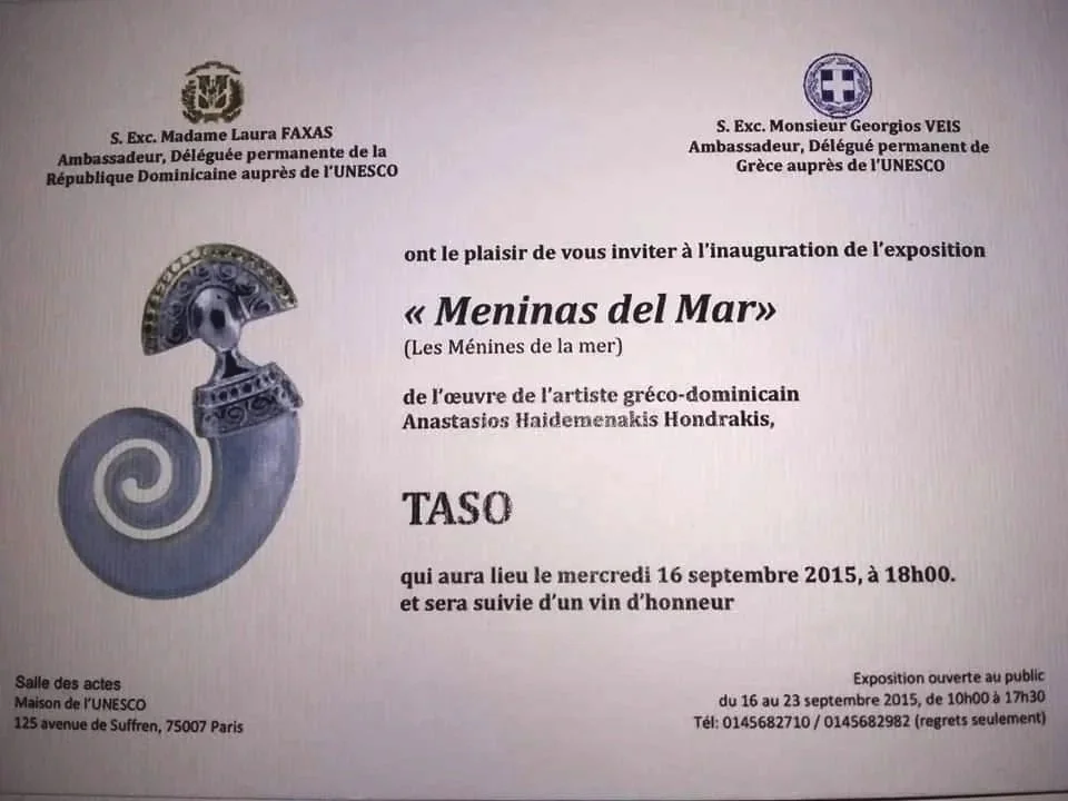Official invitation to the TASO Meninas del Mar exhibition at UNESCO House in Paris in 2015, presenting the work of jewelry designer Taso Haidemenakis.