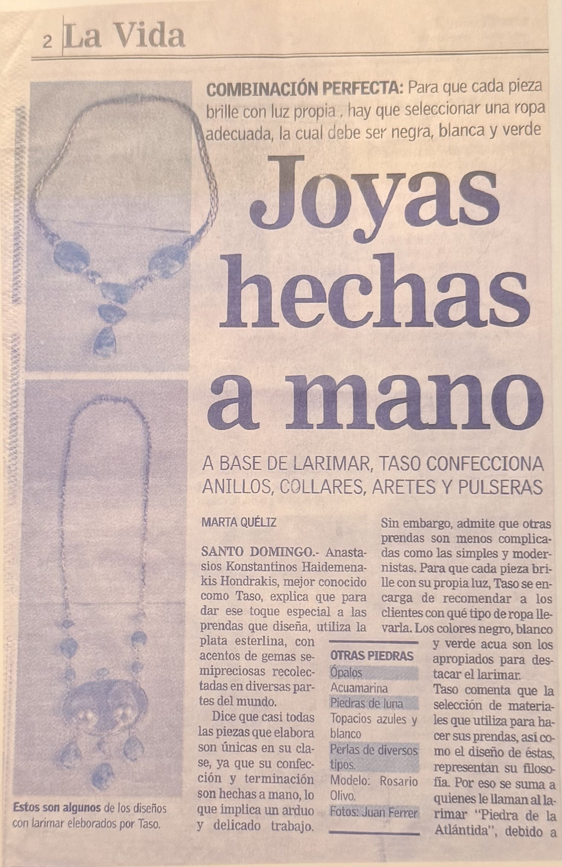 Press feature on TASO jewelry design process featuring sketches and a statement necklace with blue stones.