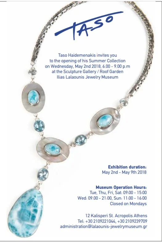 Invitation to TASO Summer Collection exhibition, featuring an artistic statement necklace with blue gemstones and aquamarine.