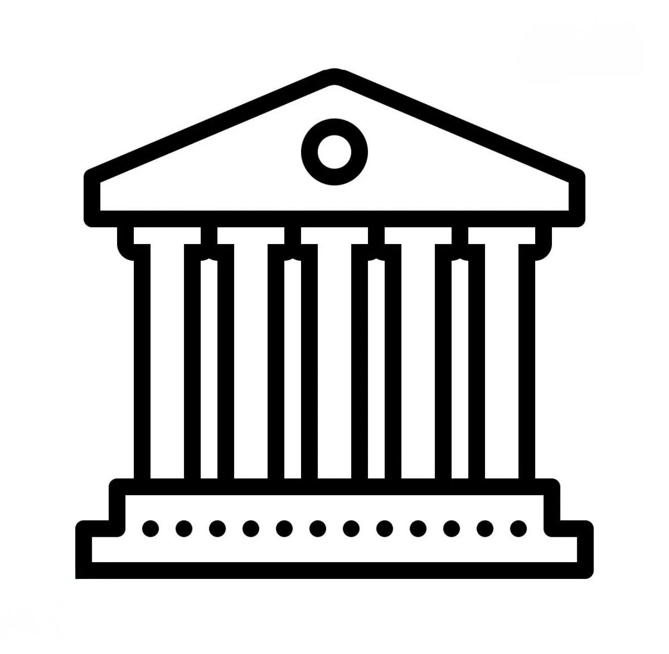 Outline icon of a classical Greek temple with columns, triangular pediment, and a circular feature in the center.