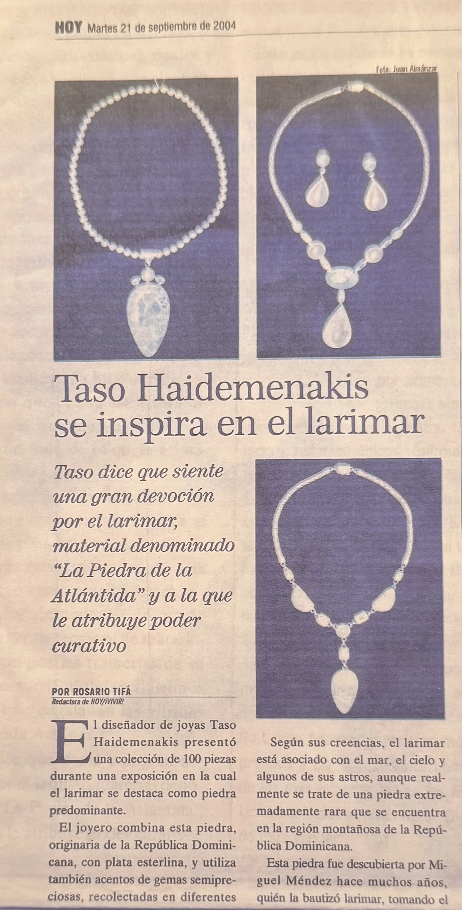Press feature on TASO Larimar jewelry showcasing necklaces and earrings with Larimar, pearls and gemstones.