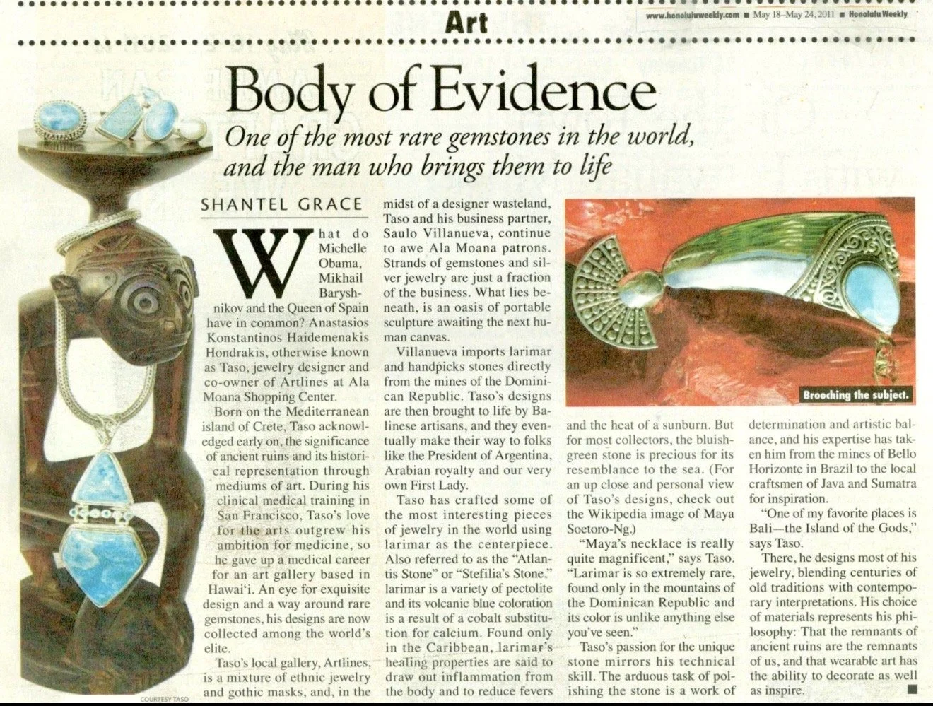 Press feature showcasing TASO jewelry and distinctive artistic designs.