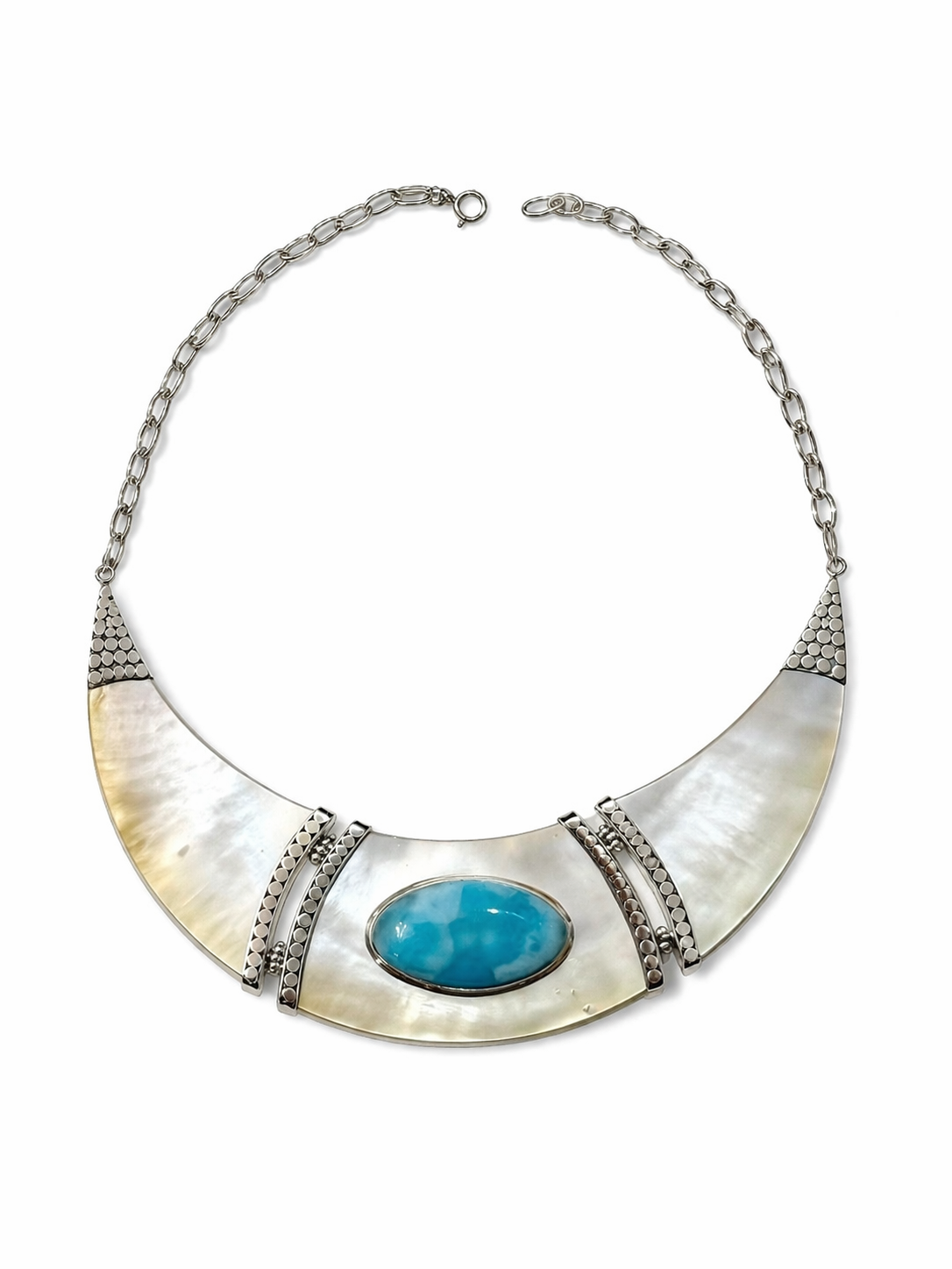 Original TASO statement necklace featuring mother of pearl, sculptural sterling silver and a blue gemstone, designed by Taso Haidemenakis.