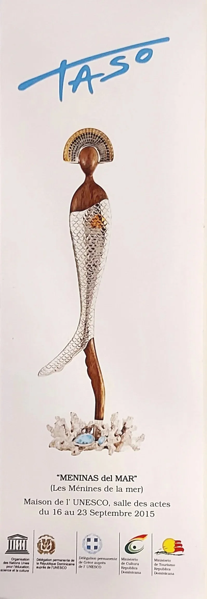 Poster for TASO Meninas del Mar exhibition at UNESCO House in Paris, presenting Taso’s artistic jewelry collection inspired by the sea and the feminine form.
