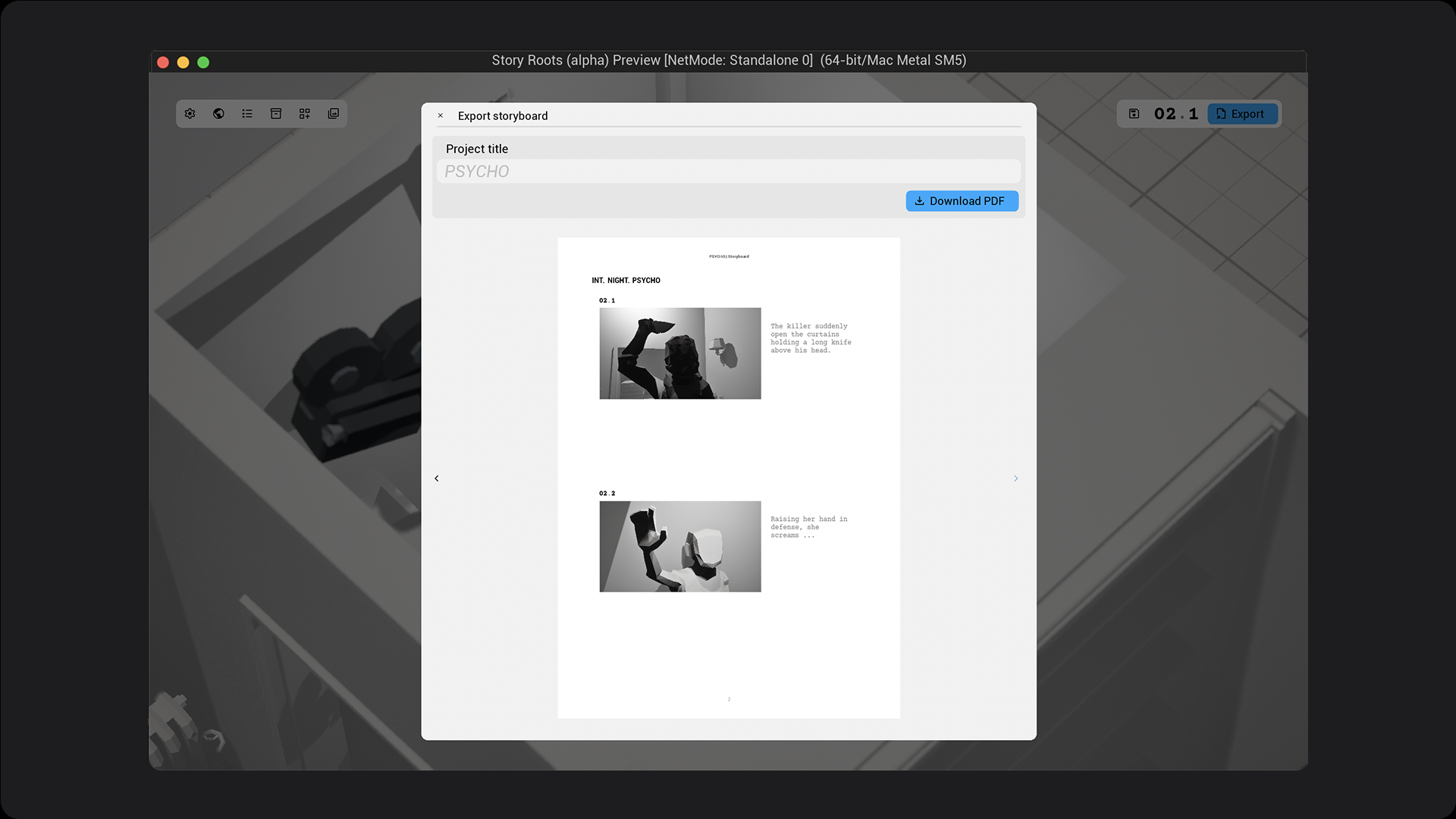 Fenêtre d'export de storyboard dans Story Roots. Exemple pour une séquence inspirée de Psychose.
