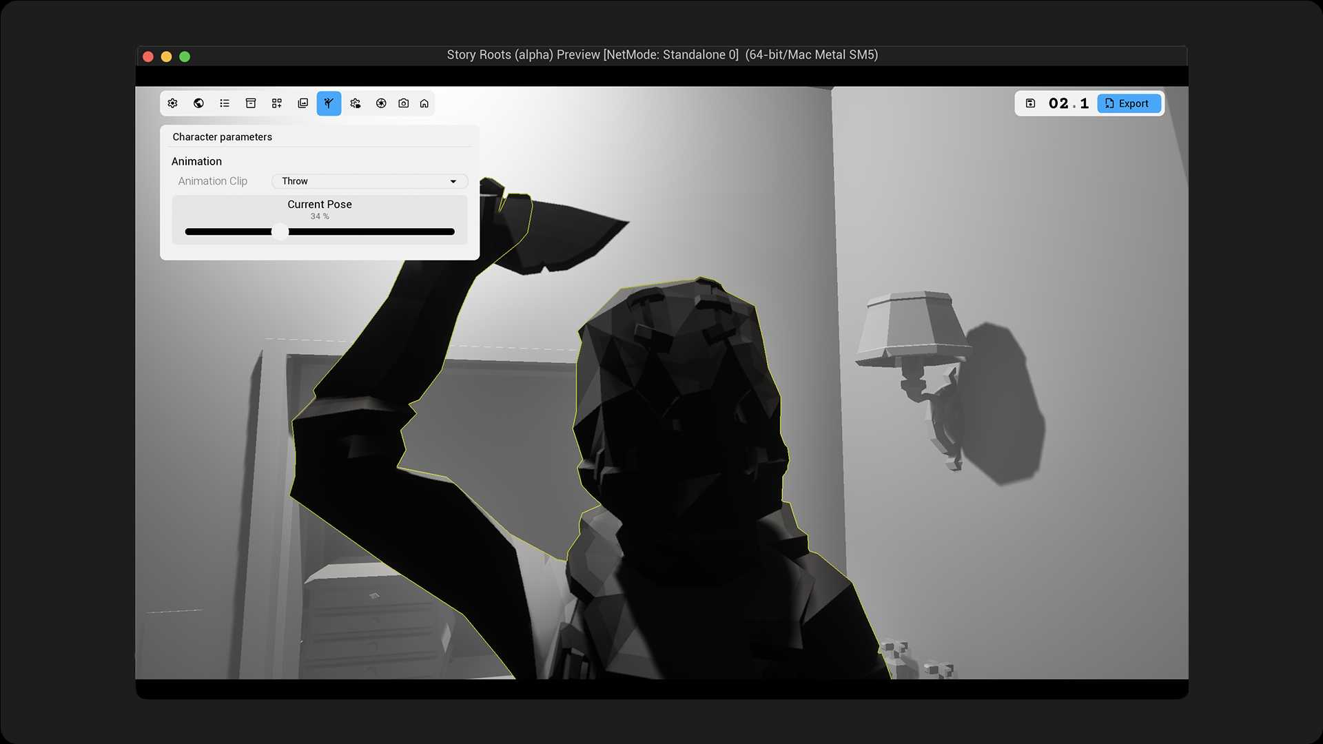 Paramétrage d'un plan inspiré de Psychose dans Story Roots en vue caméra.