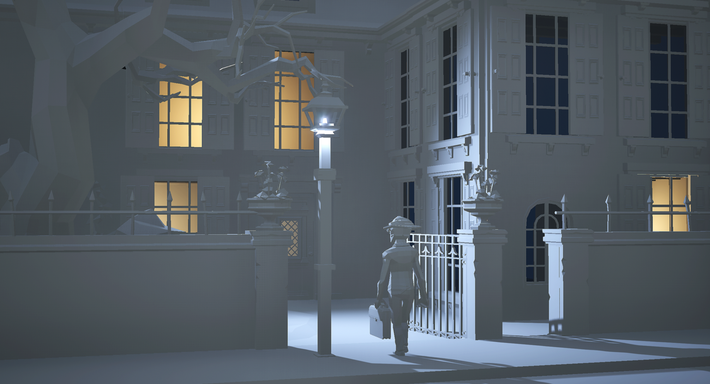 A man carrying a briefcase walking through front gate of an elegant, large house at night, illuminated by streetlamp, with lighted windows and detailed exterior architecture.