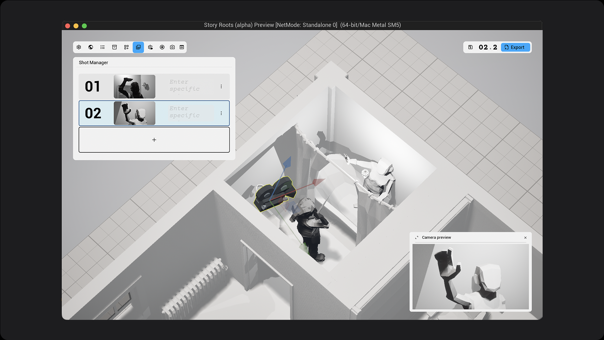 Mise en place du plan inspiré de Psychose d'Alfred Hitchcock dans Story Roots.