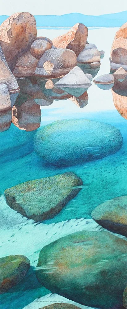 “Still Waters, Sand Harbor” Watercolor 24" x 10" image 32" x 18" frame $1,300