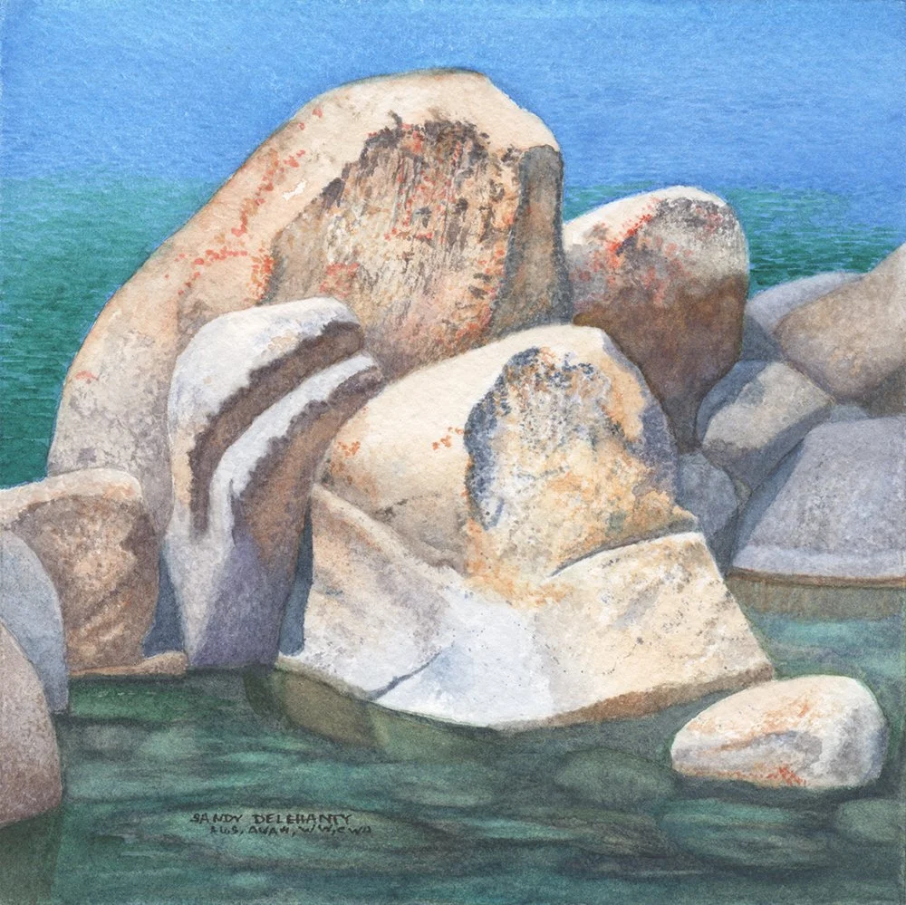 “Boulders and Below, Sand Harbor” Watercolor 6" x 6" image 7" x 7" frame $300