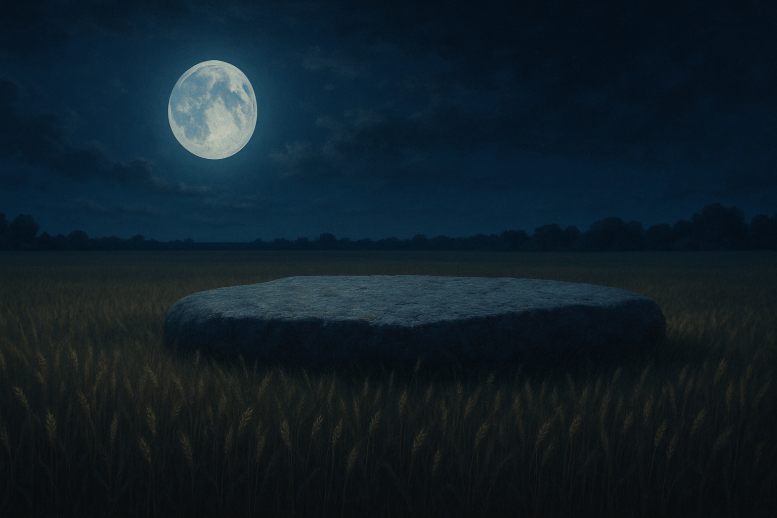 A large flat stone in a grassy field under a dark night sky with a bright full moon.