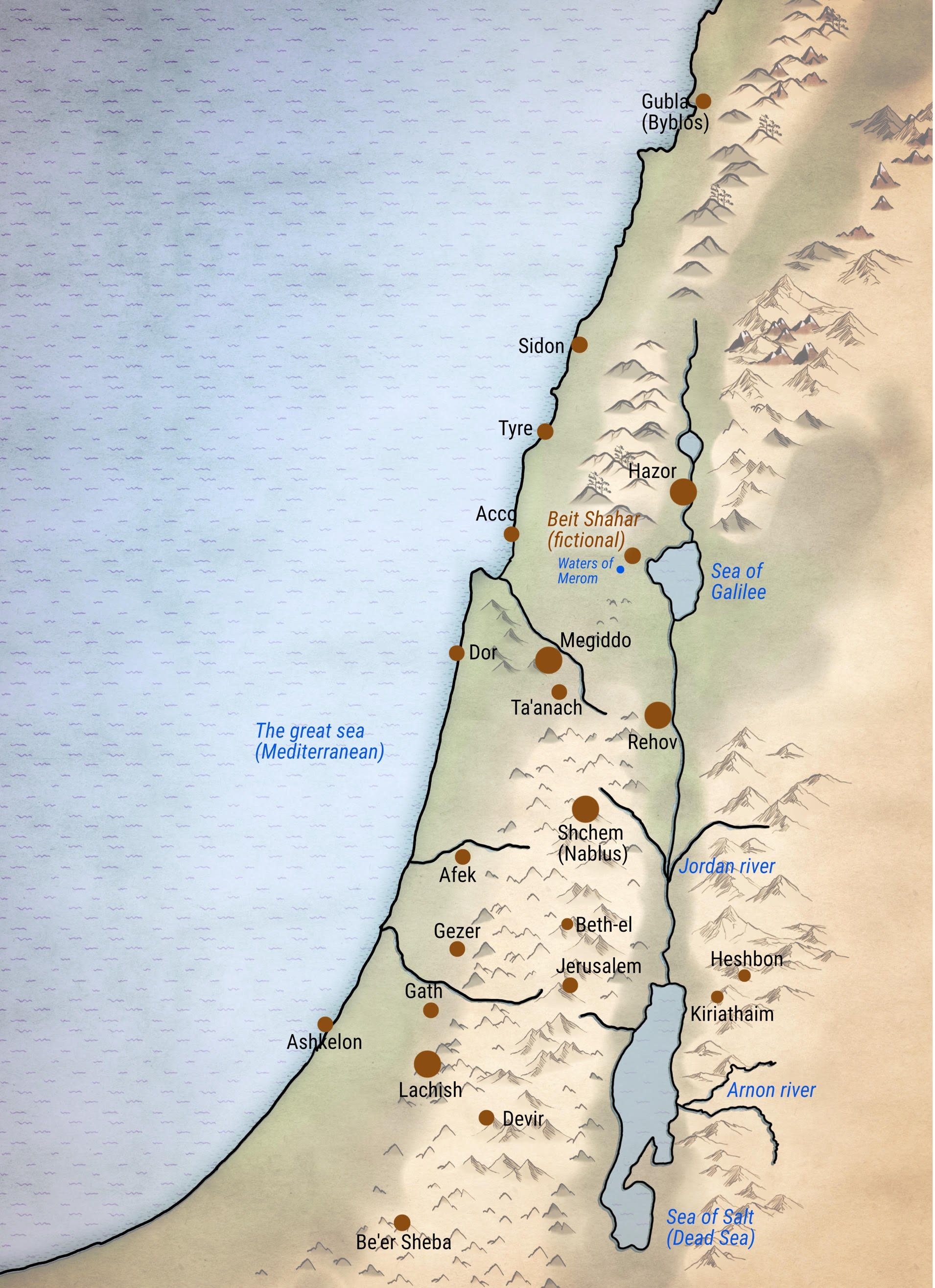 Map of ancient Canaan showing cities, bodies of water, and mountain ranges, including the Sea of Galilee, the Dead Sea, and the Jordan River.