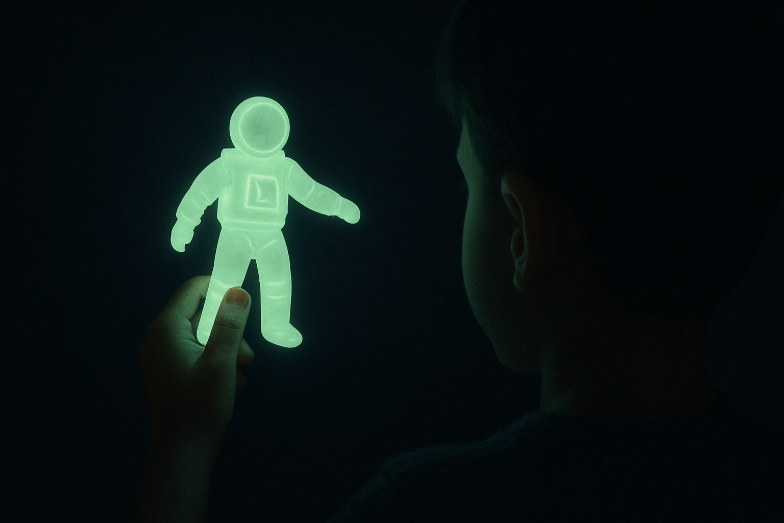 Person holding a glowing green astronaut-shaped object, facing towards it in a dark background.