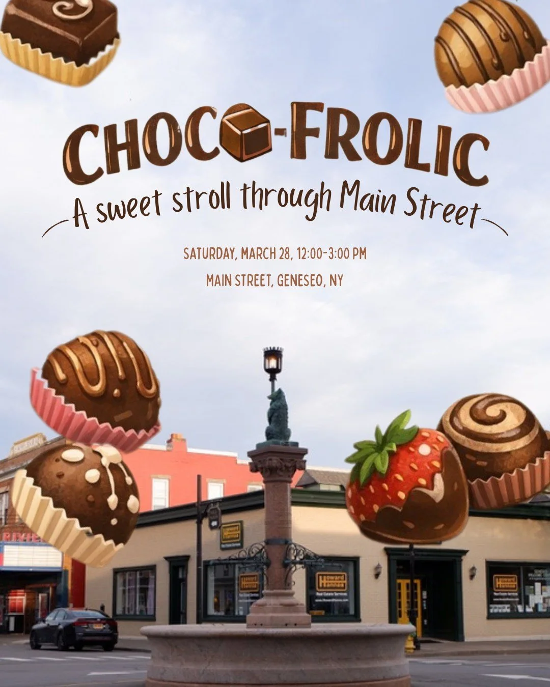 🍫✨ SAVE THE DATE! 🍫✨

Chocofrolic is coming to Main Street!  On March 28, 12&ndash;3 PM, Geneseo turns into a chocolate lover&rsquo;s dream with 20 treats at 20+ stops along the way. Come stroll, sample, and celebrate local, more information to com