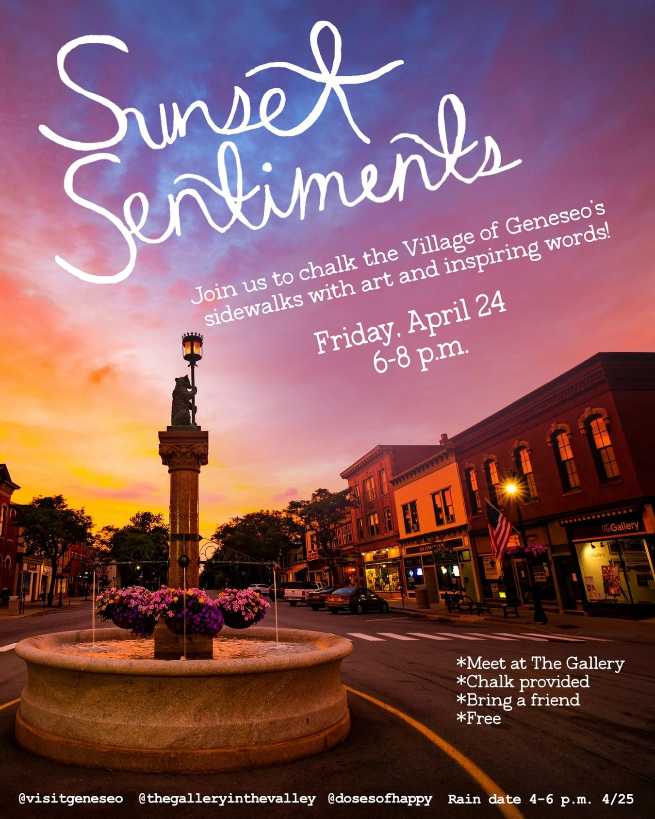 🎨CHALK THE WALK: Celebrate spring and join us on Main Street to spruce up the sidewalks of Geneseo! 💐

All you have to bring is yourself &amp; some inspiration (or don&rsquo;t, Main Street&rsquo;s got plenty of that all around)!