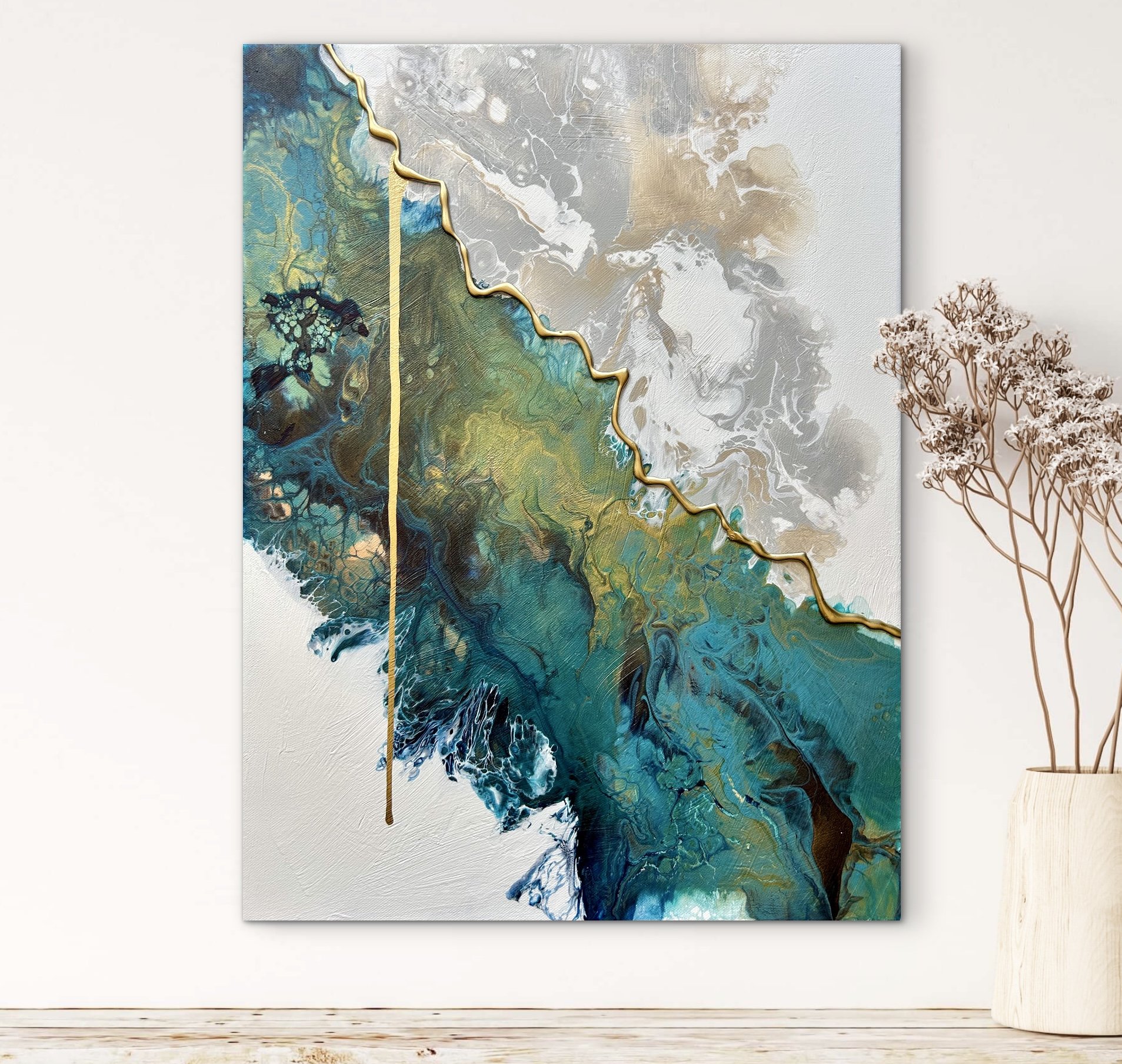 Elevation series, abstract mountains, gold ridge line, movement.