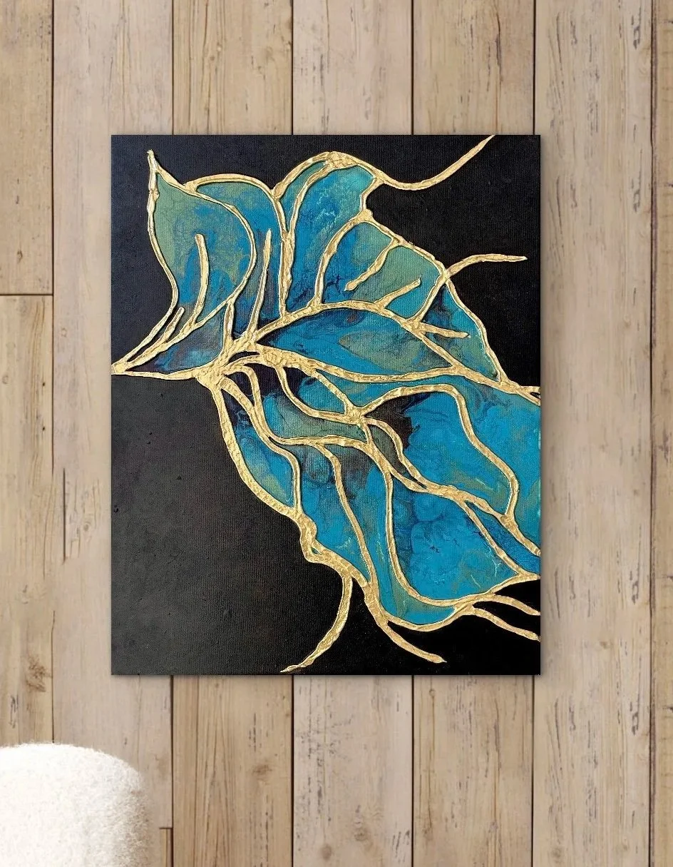 Watery wet abstract flower with gold texture