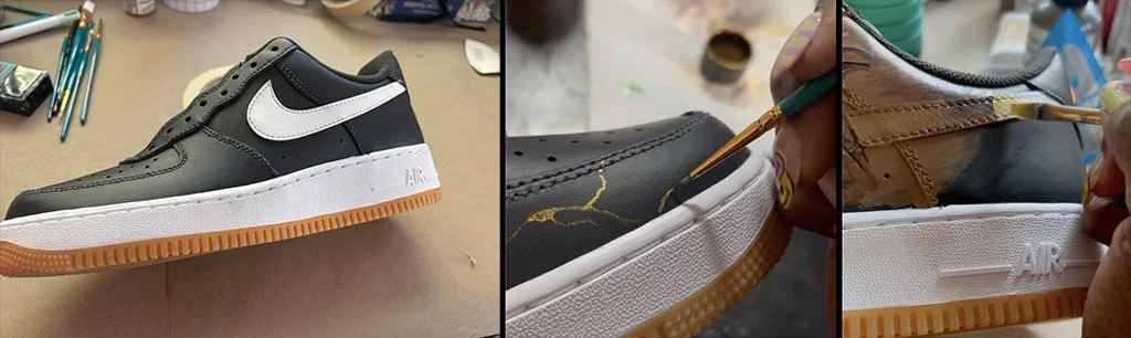 Sequence of three images showing the painting and customization process of Nike sneakers. First image: a finished black and white Nike sneaker on a desk. Second image: painting gold crackle effect on the sneaker's white sole. Third image: painting dark brown color onto another sneaker's white sole.