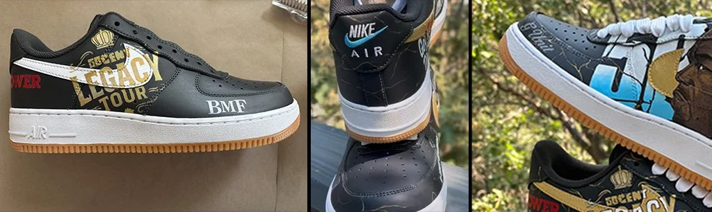 Three sneakers with unique designs and branding, including Nike Air, Nike Air Force 1, and custom graphic sneakers.