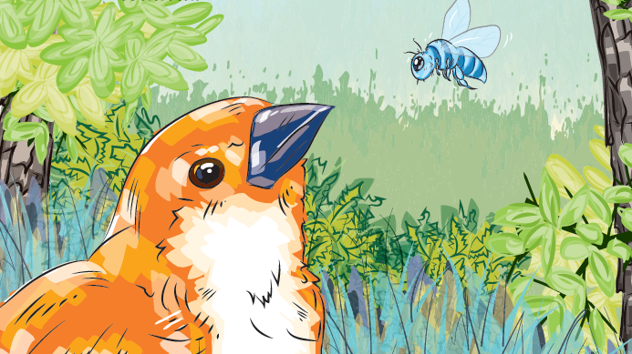 Illustration of a bird and a blue bee flying in a lush, green woodland setting.
