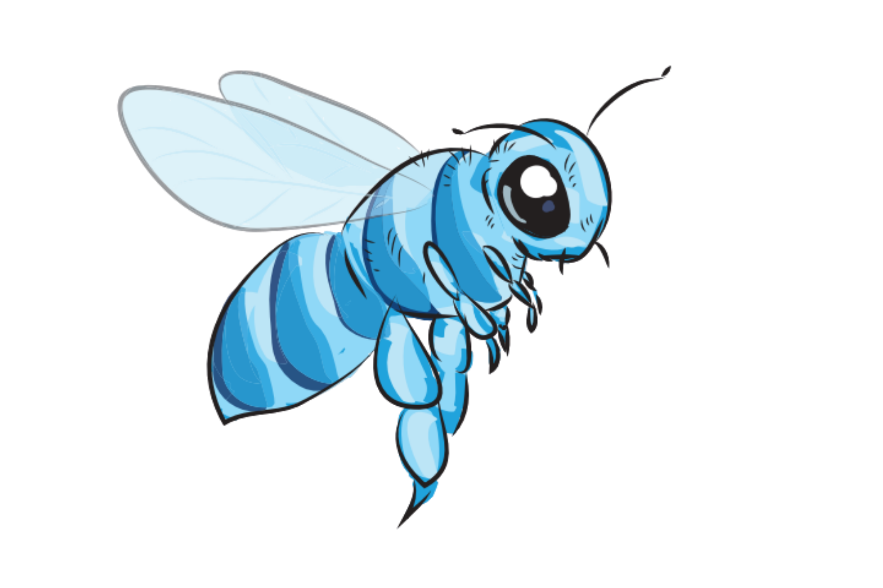 A cartoon illustration of a blue bee with large, shiny black eyes, transparent wings, and a striped abdomen, facing to the right.