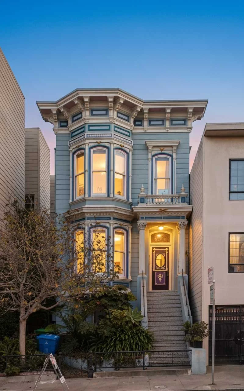 A Victorian-style house with ornate decorative trim, large bay windows, a small porch with columns, and is painted in pastel blue with white and gold accents. There are plants and a small tree in front, with neighboring buildings on each side and a sunset sky overhead.