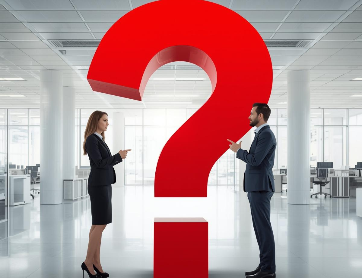 Professional dressed woman and man in suits looking at each other in the middle of a large question mark