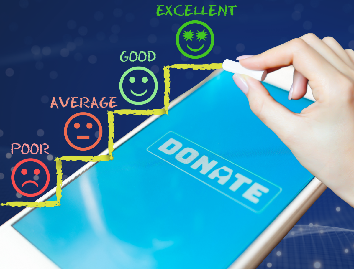 Phone with blue screen and the word Donate on the screen along with emojis above that say poor, average, good, excellent