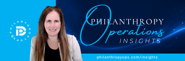 A woman with long hair smiling in front of a blue background with logos and text related to philanthropy operations and insights.