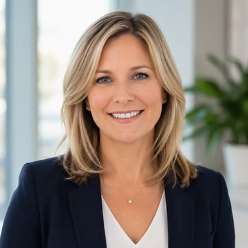 Woman with medium length blonde hair professional dressed in suite jacket and white blouse