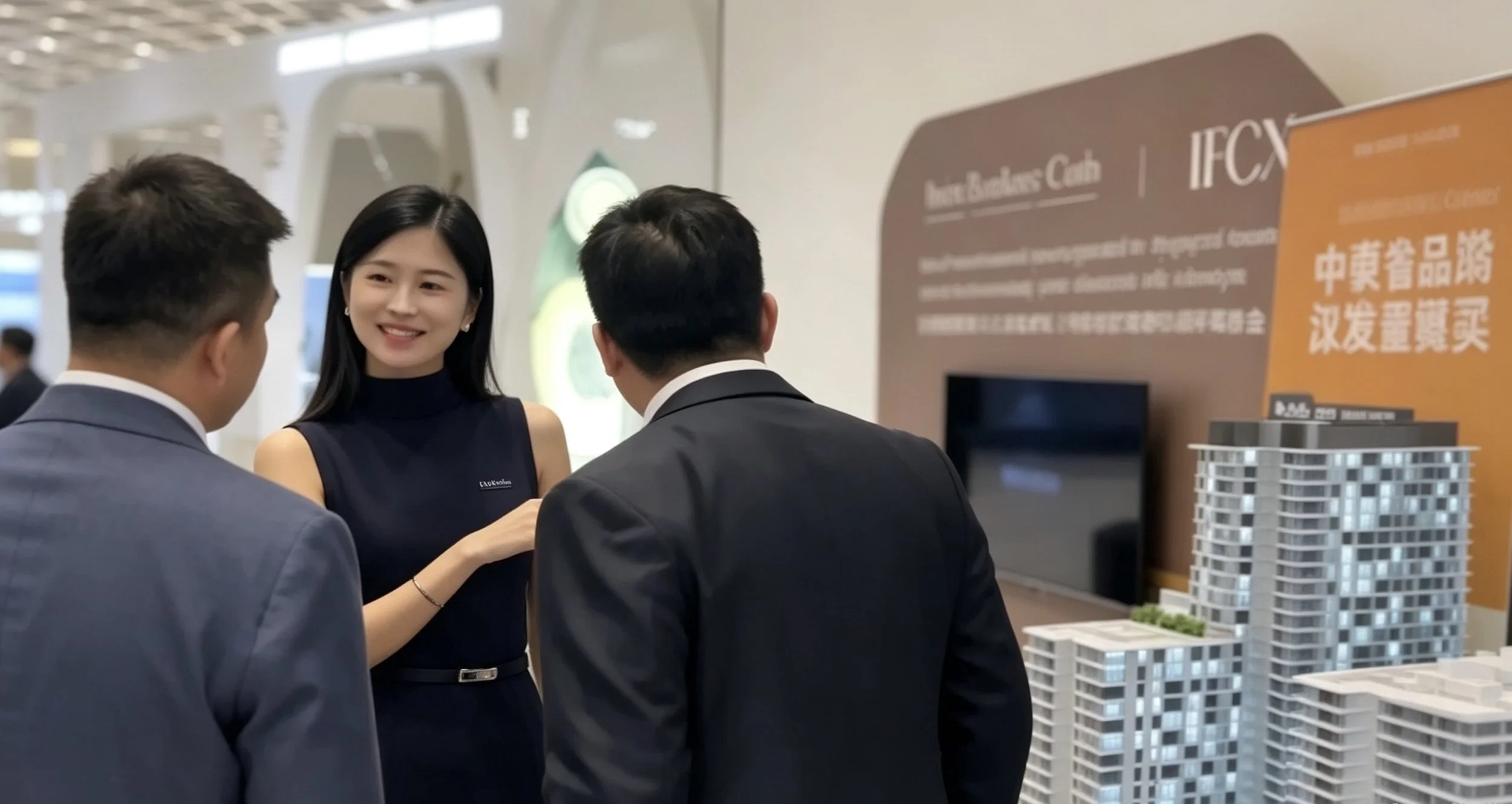Professional local brand ambassador providing guest consultation during Macau corporate property exhibition event