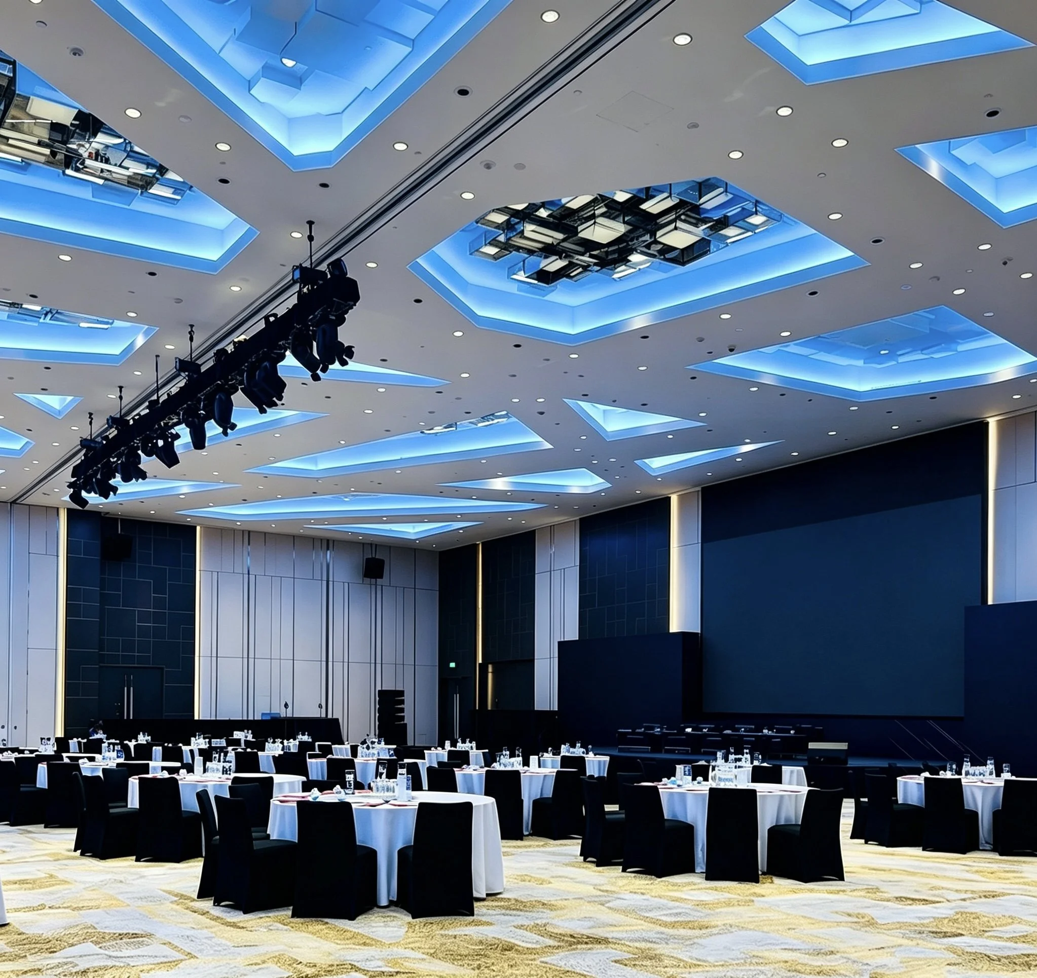 Spacious luxury hotel ballroom setup prepared for corporate summit and business conference in Macau