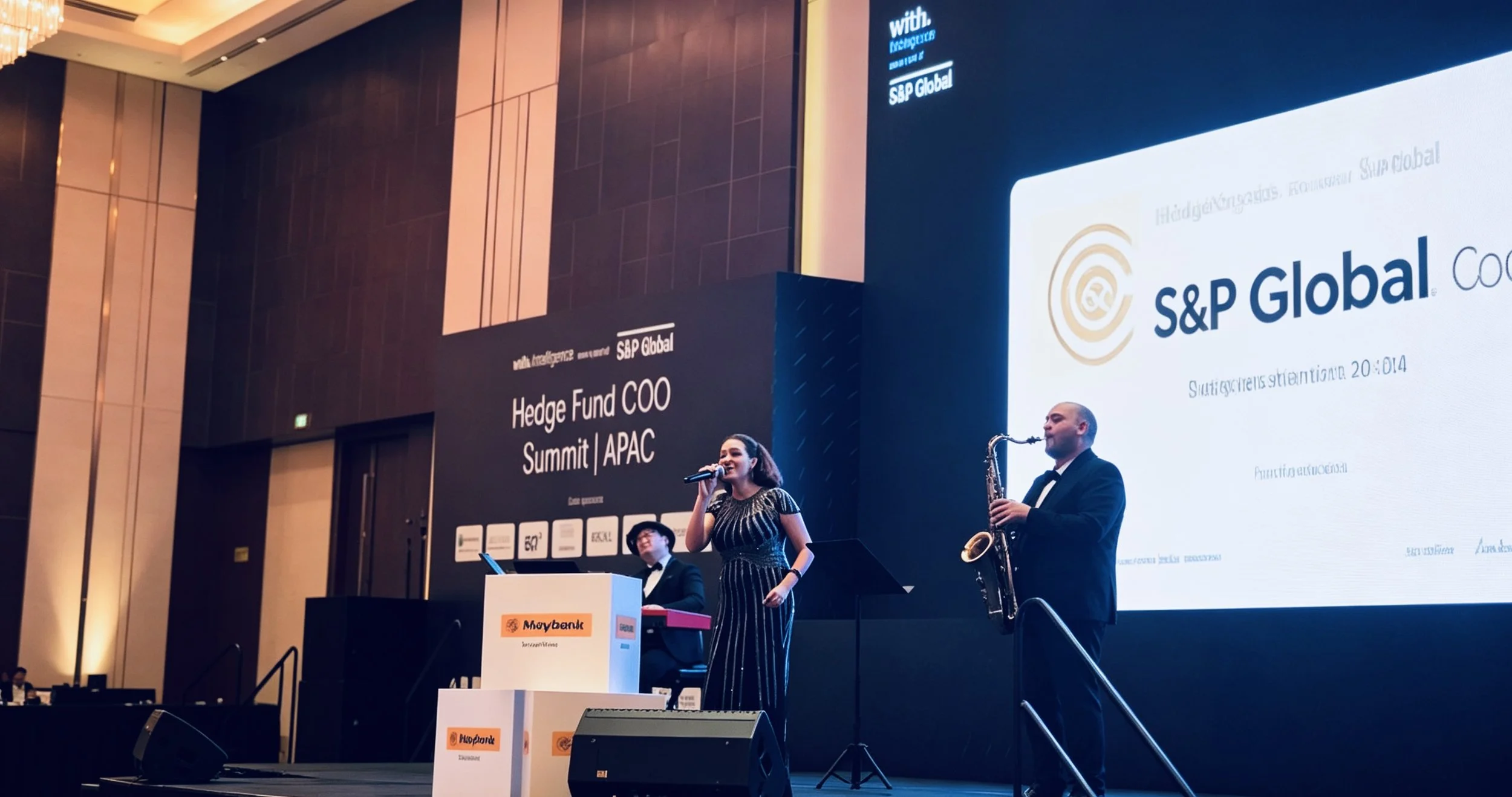 Live band performance, vocalist and saxophonist for corporate gala entertainment at client corporate event in Macau