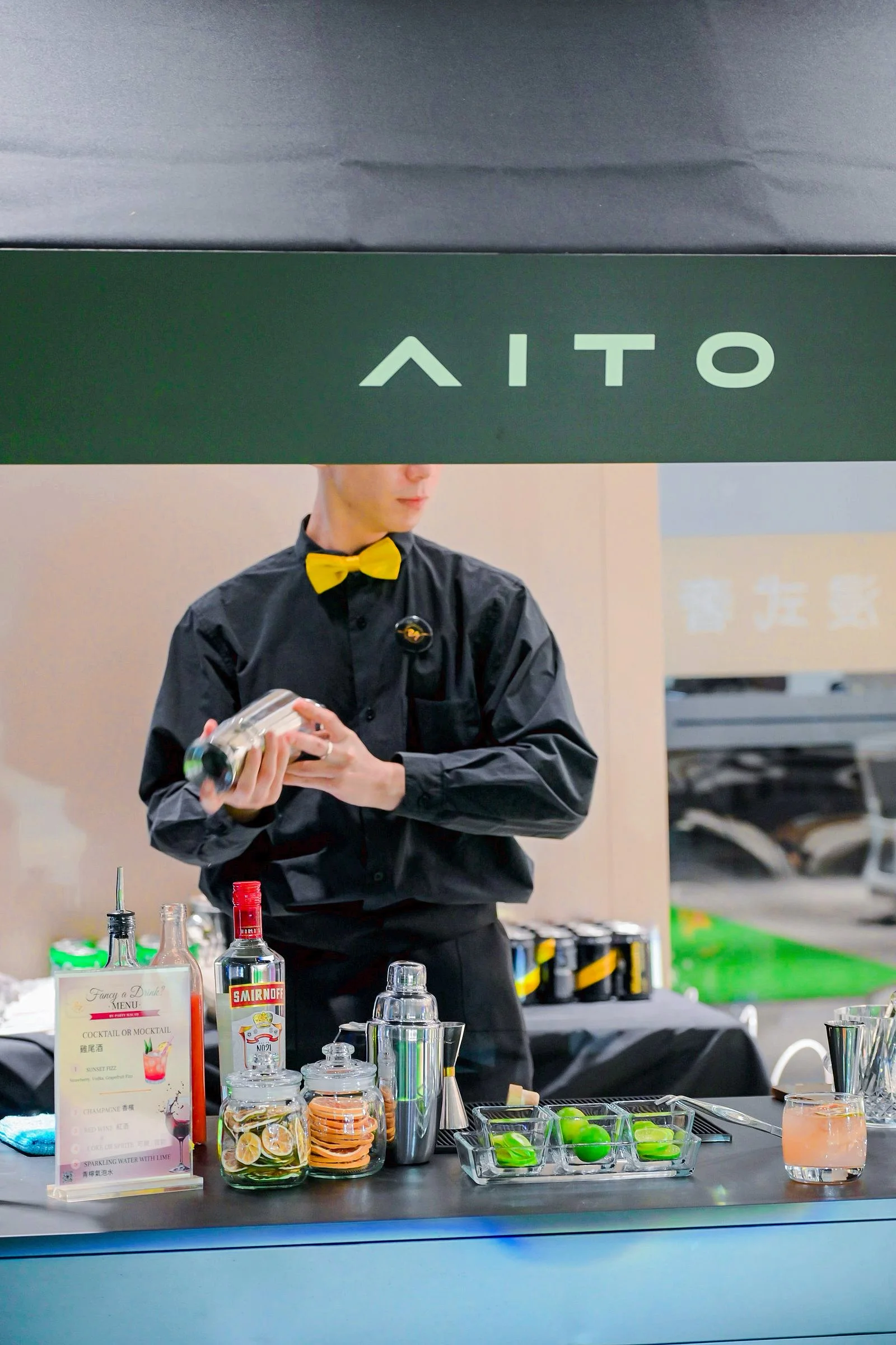 Aito brand grand opening catering service, custom-crafted cocktails, canapes and on-site beverae cart setup