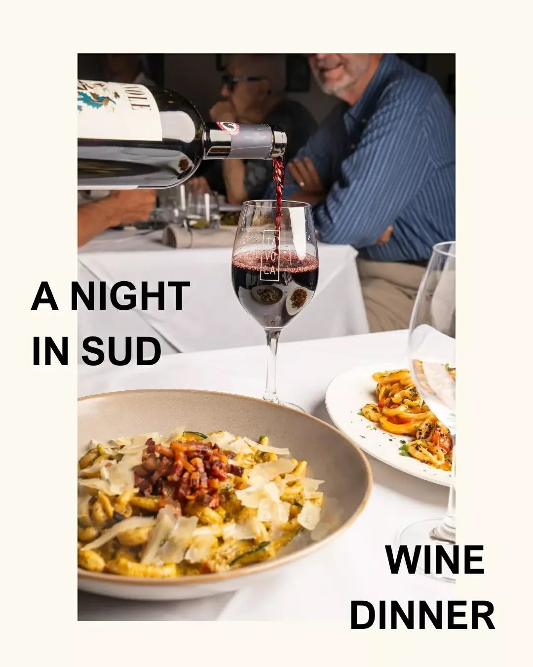 You're invited 🇮🇹🍷

A Night in Sud is an intimate wine dinner at T&Aacute;VOLA, an evening we've designed from the heart to celebrate the food, wine and warmth of Southern Italy.

4 courses of Southern Italian cooking. 4 wines from the beautiful M