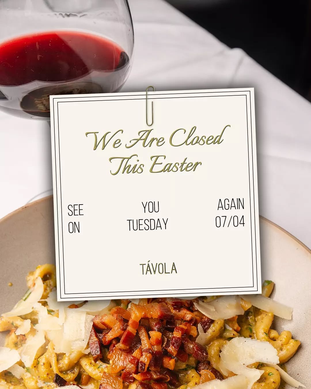 From everyone at T&Aacute;VOLA, we hope your Easter is filled with good food, great company, and all the warmth this time of year deserves 🐣🤍 

We're taking a little break and will be back at the table on Tuesday 07/04, ready to feed you something 