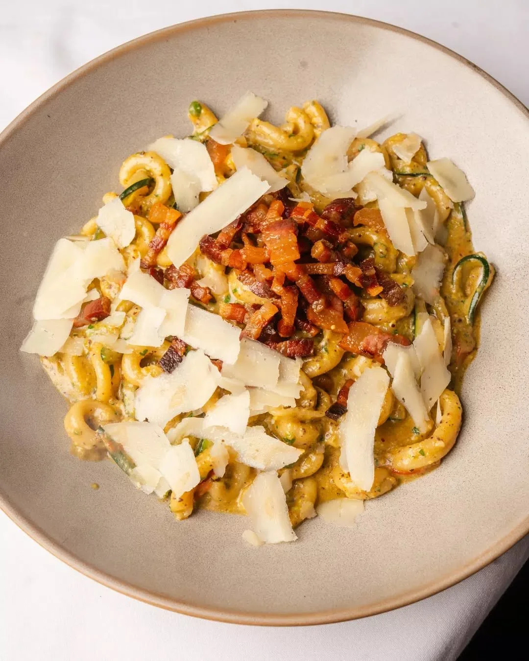 Casarecce with pistachio pesto and pancetta.

I love this one.
It&rsquo;s been getting a bit of attention lately.

And for good reason 🍝