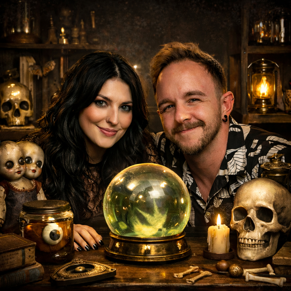 Hosts of Oddity Shop Podcast with crystal ball and vintage curiosities in a dimly lit oddities shop setting