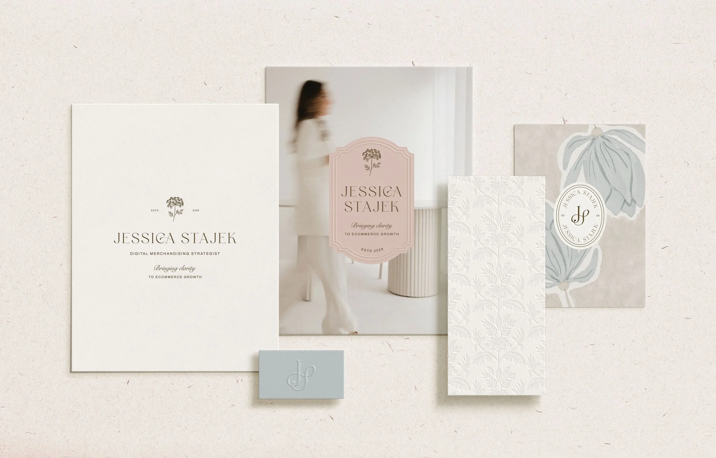 Luxury branding for a digital merchandising strategist with custom logo design, muted neutral colour palette, and refined typography.