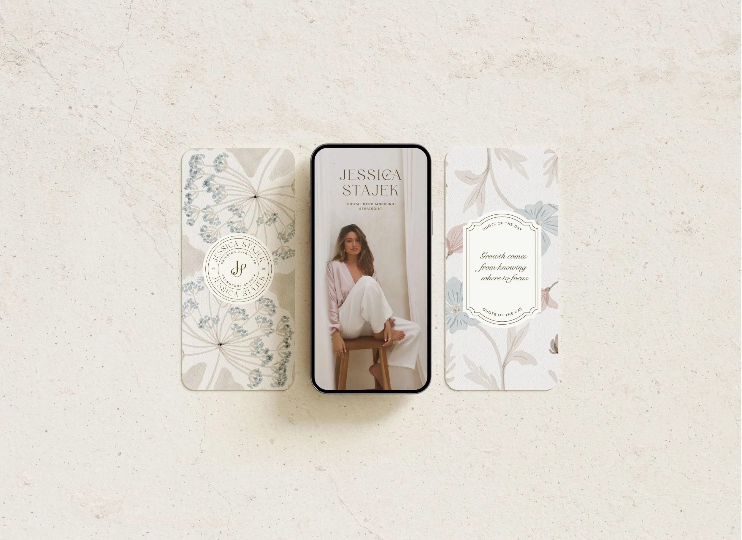 Embossed botanical brand artwork featuring hand-drawn wildflower illustrations and luxury brand identity details.