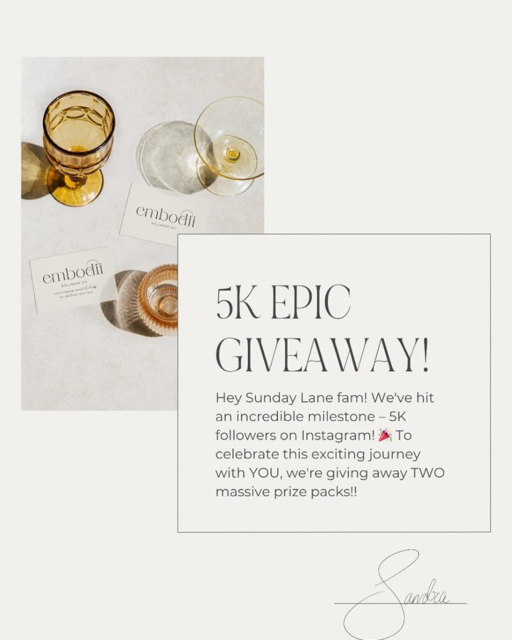 🎉 Epic 5K Giveaway 🎉

Hey Sunday Lane fam! We&rsquo;ve hit an incredible milestone &ndash; 5K followers on Instagram! 🎉 To celebrate this exciting journey with YOU, we&rsquo;re giving away TWO massive prize packs:

✨ Prize Pack 1: Full Brand Ident