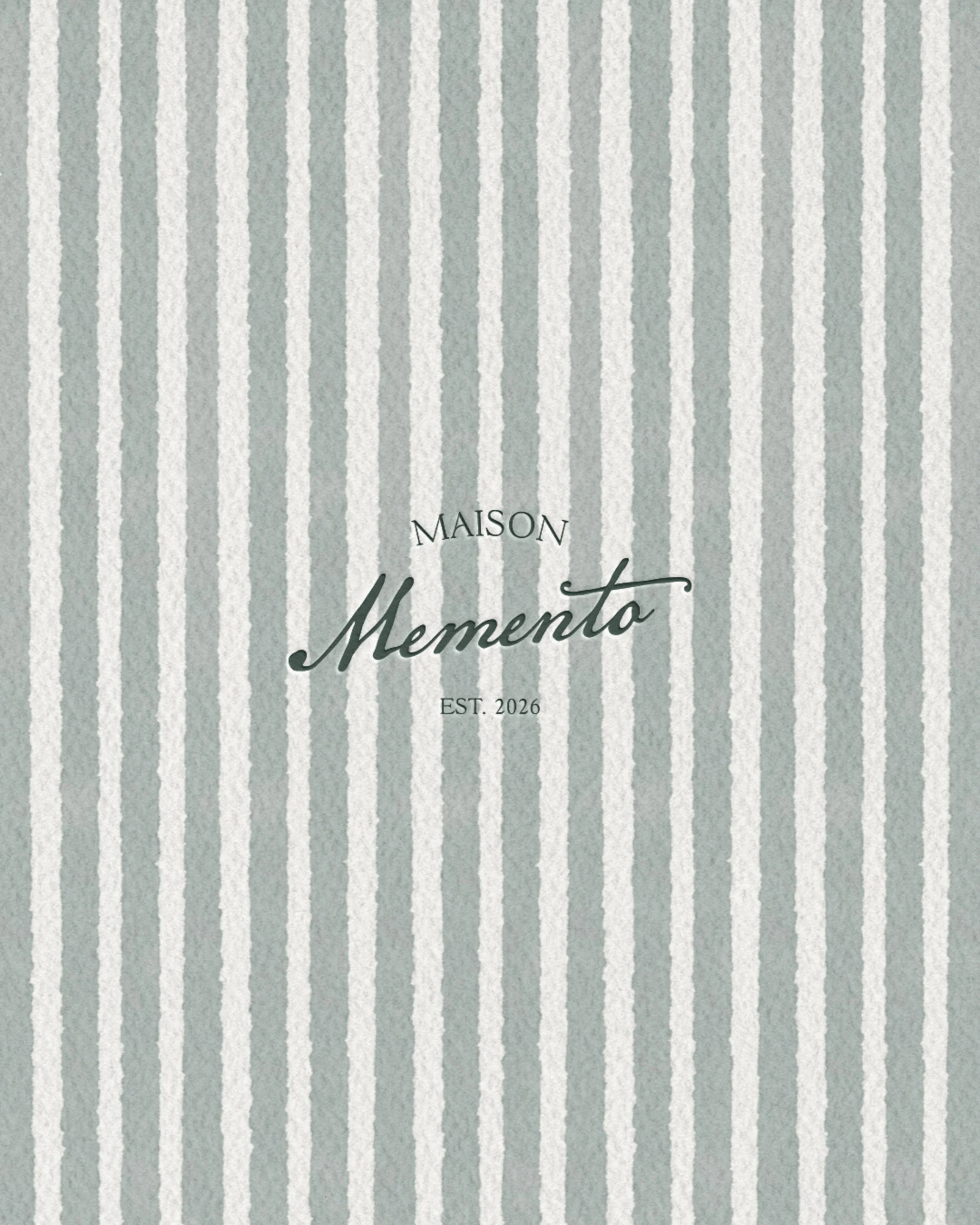 Maison Memento visual identity featuring soft sage green colour palette, hand-drawn illustrations and heritage-inspired typography.
