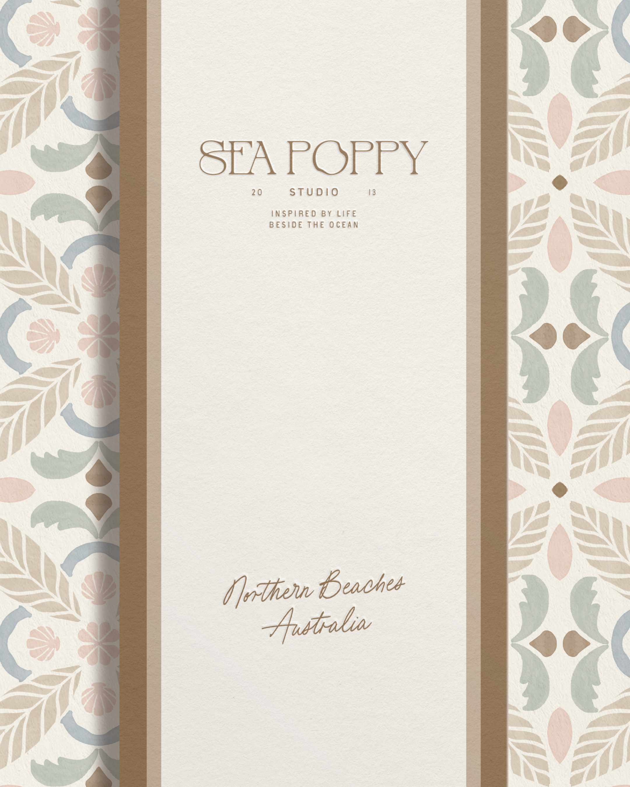 Design for a product or studio called 'Sea Poppy' with decorative floral and leaf patterns on both sides, featuring neutral and pastel colors, and annotations indicating 'Northern Beaches Australia'.