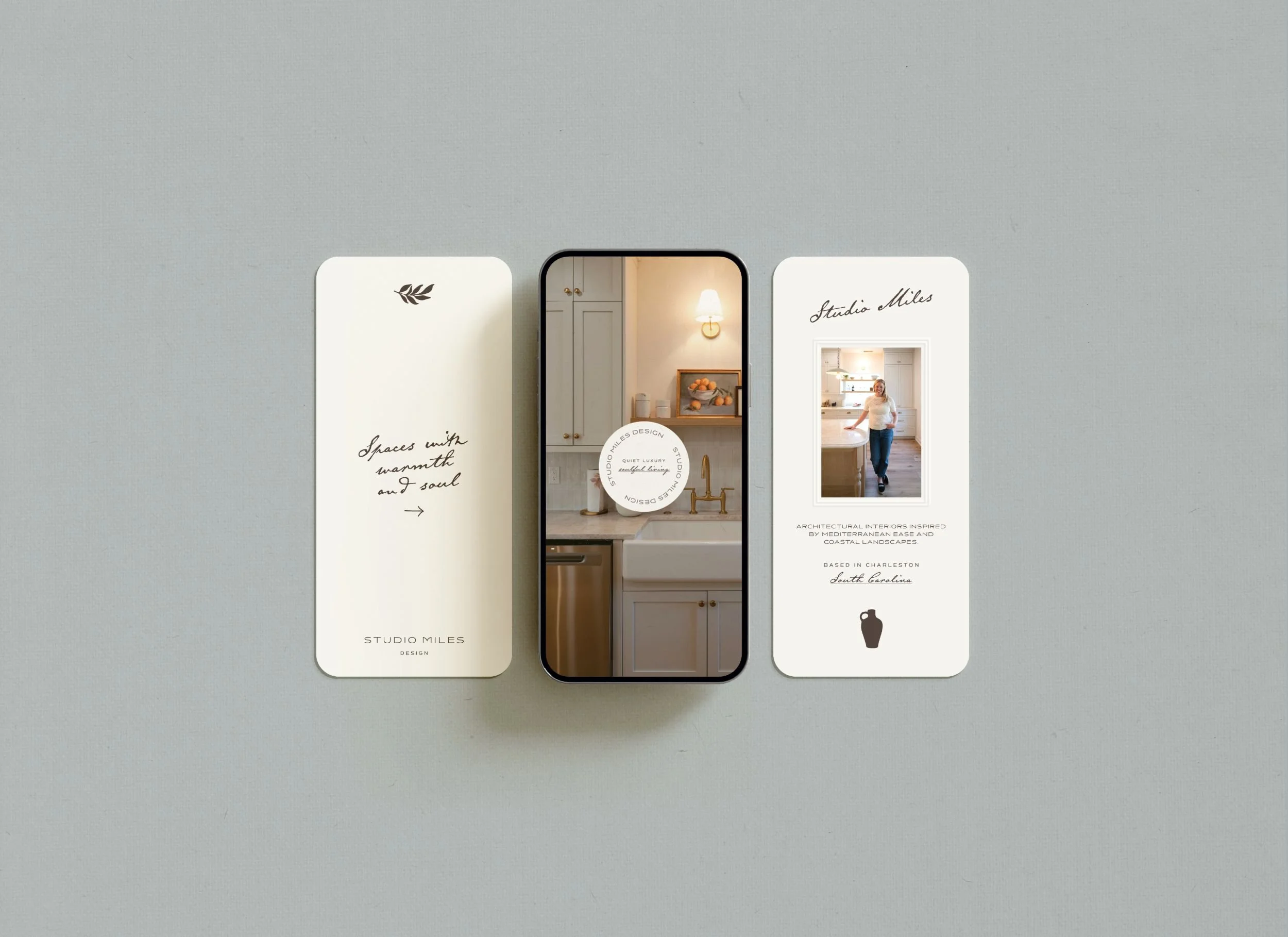 Luxury brand design for an interior designer featuring custom logo, secondary logo, and elegant visual identity inspired by coastal South Carolina and European interiors.