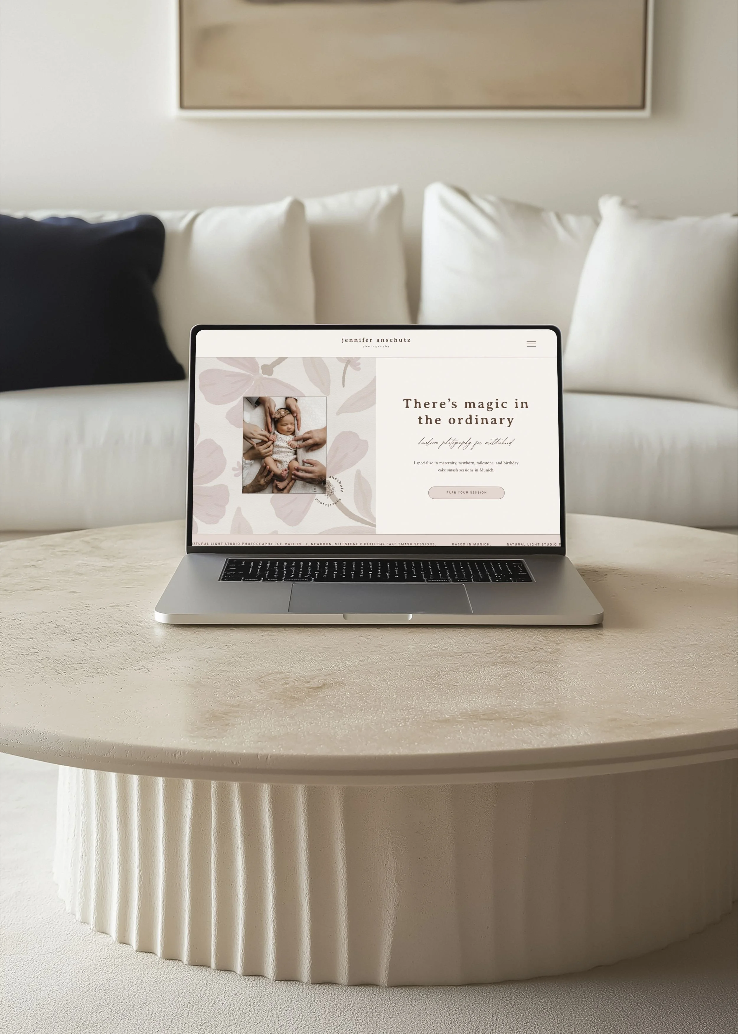 Squarespace website homepage design for motherhood photographer featuring floating floral illustrations, custom coding and storytelling-led user experience.