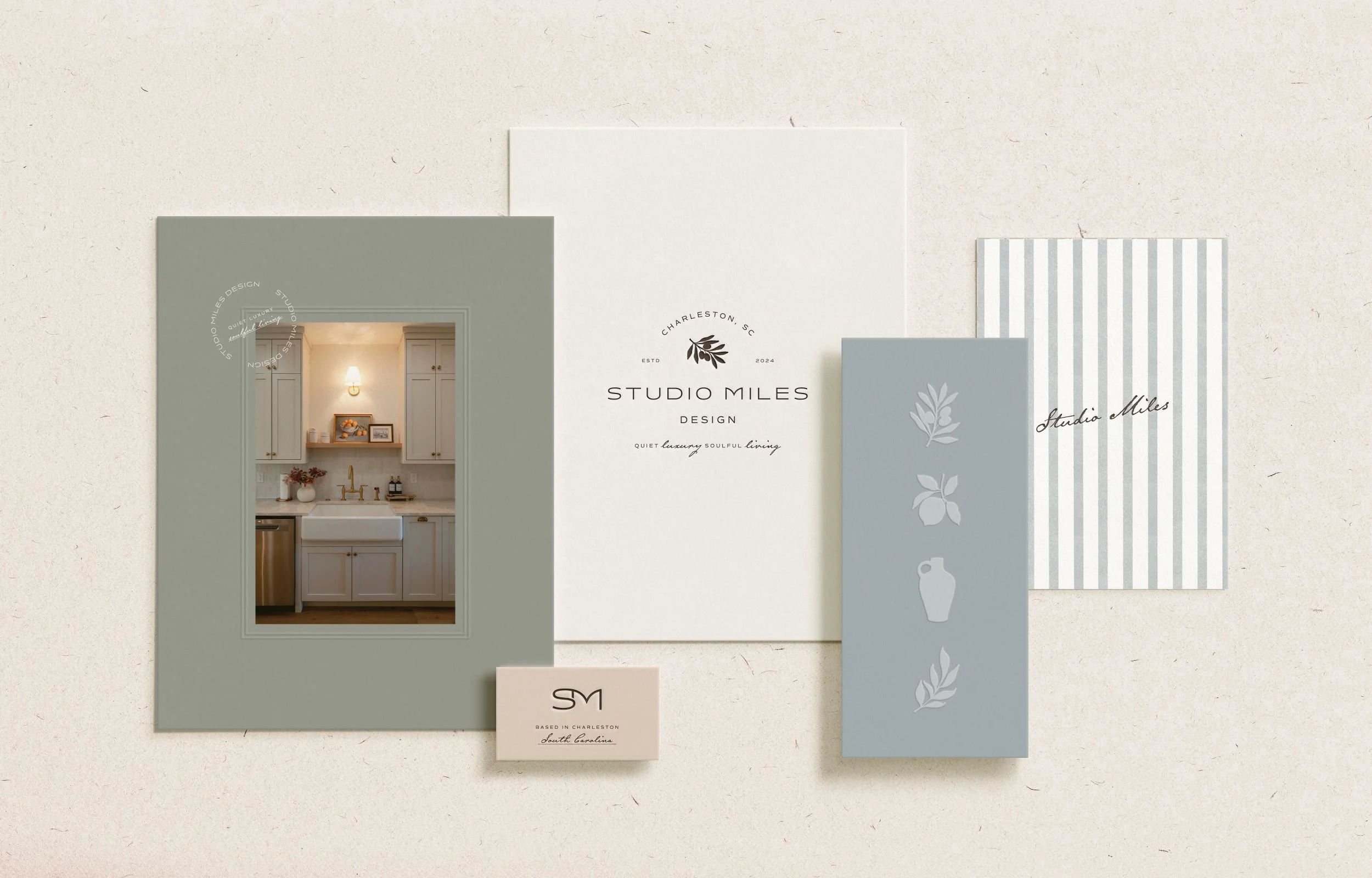 Luxury interior designer branding for Studio Miles Design showcasing custom logo design, olive branch brandmark, and timeless visual identity inspired by Mediterranean architecture.
