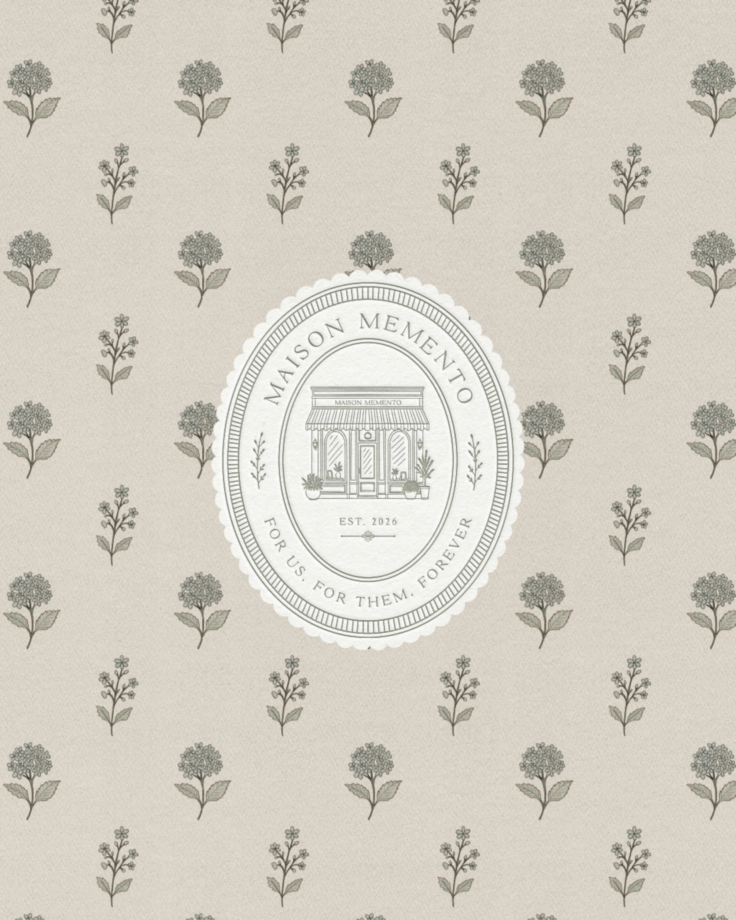Maison Memento brand marks and logo suite including monogram, heritage stamp logo and custom illustration.