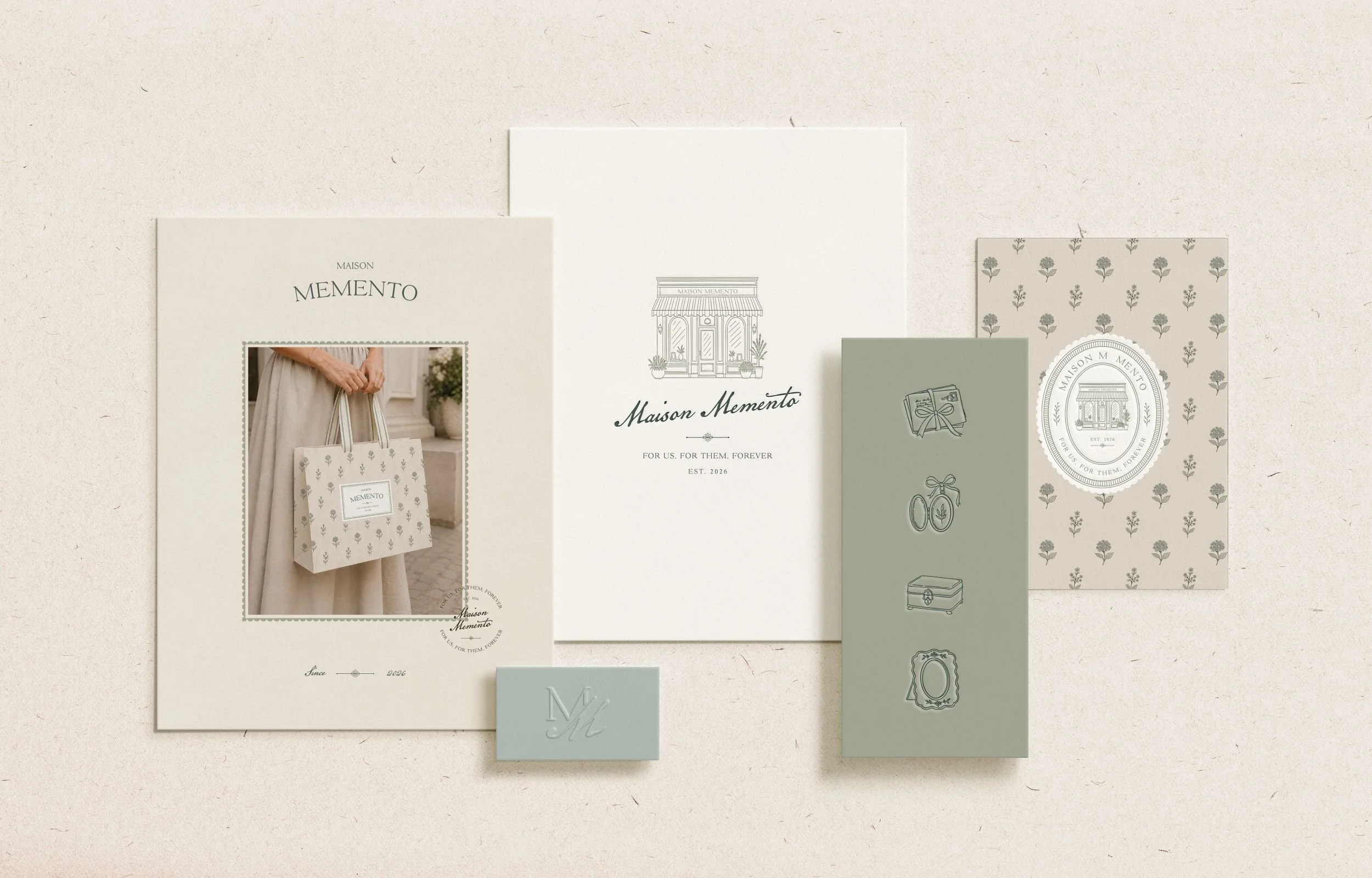 Maison Memento custom brand identity featuring a hand-drawn European storefront illustration and bespoke typography.